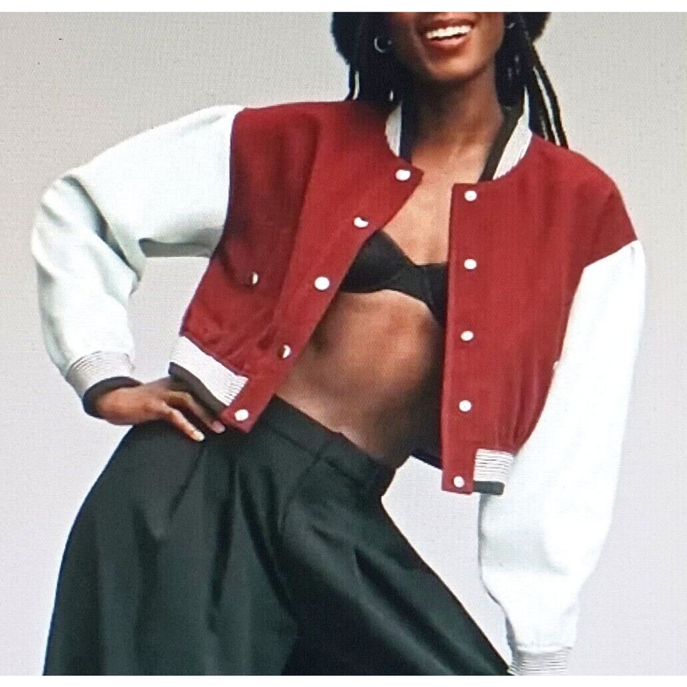 NEW Mauve Anthropologie Colorblock Crop Bomber Varsity Jacket Maroon / Blue Sz S